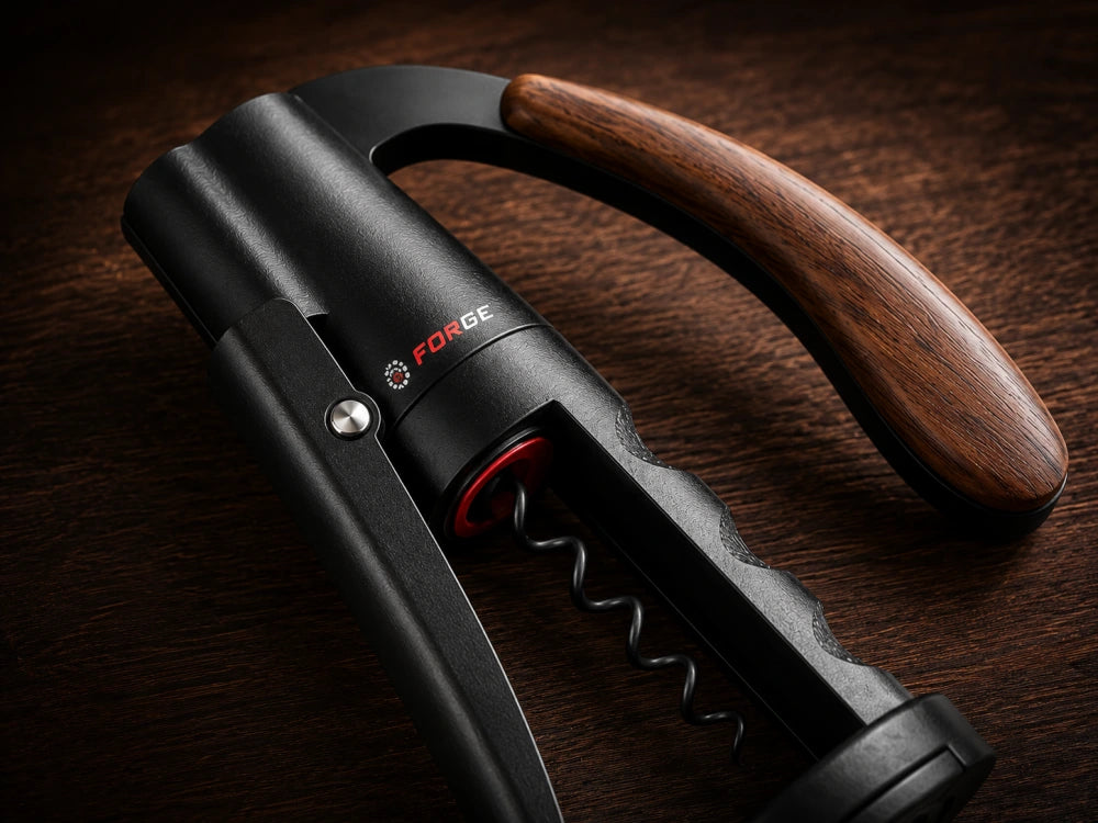 Close-up of FORGE lever wine opener craftsmanship on dark wood