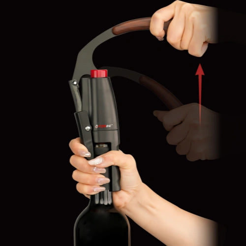Lifting the wine opener lever to extract the cork