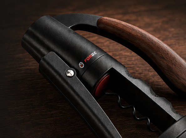 Close-up of FORGE lever wine opener craftsmanship on dark wood